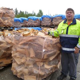 Arbeidstaker ved en haug av ved